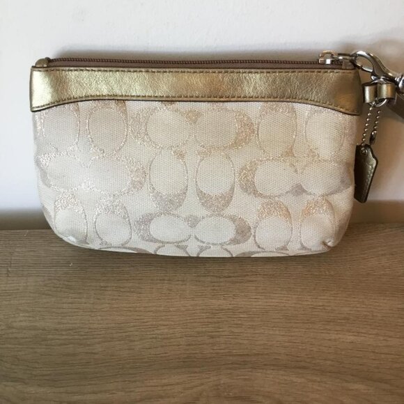 Coach Signature C Gold and Cream Wristlet on Fabric Exterior w/ Leather Trim - Picture 2 of 6